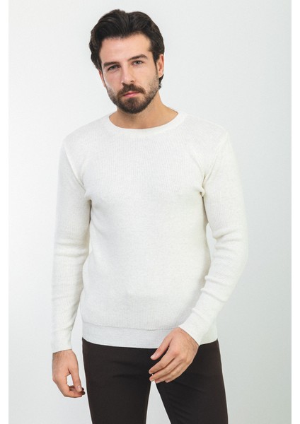 Düz Ekru Slim Fit Bisiklet Yaka Yün Erkek Triko Kazak