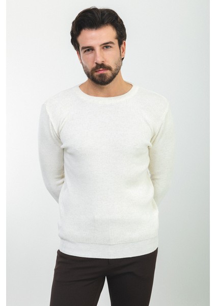 Düz Ekru Slim Fit Bisiklet Yaka Yün Erkek Triko Kazak modelleri