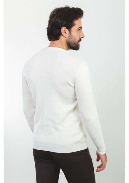 Düz Ekru Slim Fit Bisiklet Yaka Yün Erkek Triko Kazak fırsatları