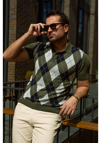 Desenli Haki Rengi Slim Fit Polo Yaka Erkek Triko T-Shirt