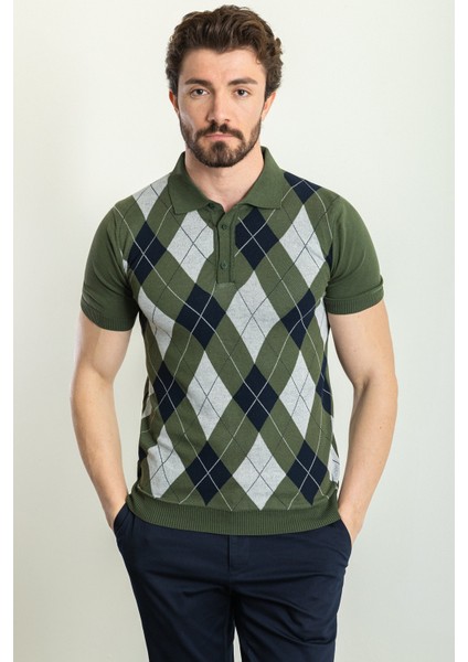Desenli Haki Rengi Slim Fit Polo Yaka Erkek Triko T-Shirt fiyatları