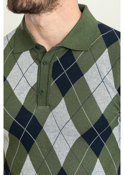 Desenli Haki Rengi Slim Fit Polo Yaka Erkek Triko T-Shirt modelleri