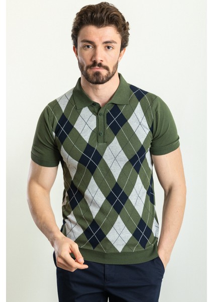 Desenli Haki Rengi Slim Fit Polo Yaka Erkek Triko T-Shirt indirimleri