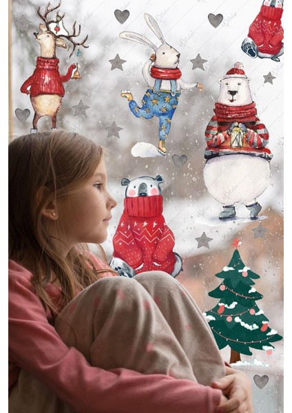 Renkli Kış Temalı Cam Duvar Süsü ve Sevimli Hayvanlar Sticker Seti