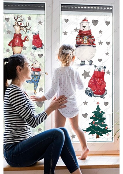 Renkli Kış Temalı Cam Duvar Süsü ve Sevimli Hayvanlar Sticker Seti fiyatları