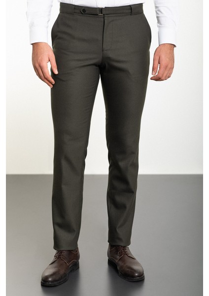 Düz Haki Slim Fit Kemer Detaylı Erkek Pantolon modelleri