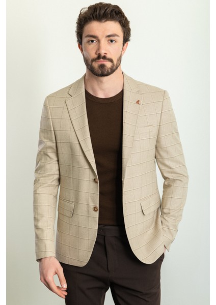 Ekoseli Taş Rengi Slim Fit Mono Yaka Erkek Ceket