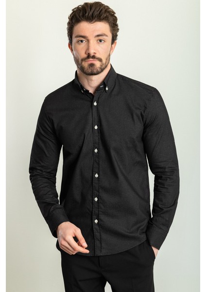 Düz Siyah Rengi Slim Fit Uzun Kollu Erkek Gömlek