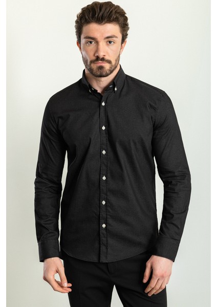 Düz Siyah Rengi Slim Fit Uzun Kollu Erkek Gömlek