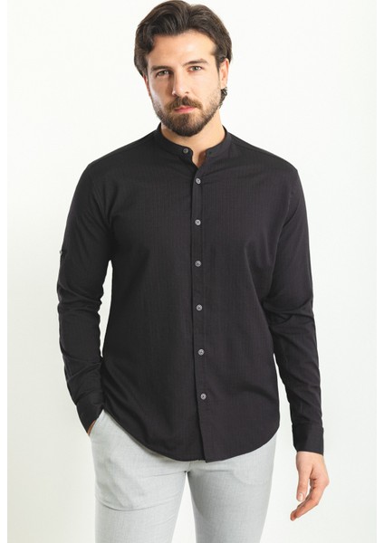 Desenli Siyah Renk Slim Fit Hakim Yaka Uzun Kollu Erkek Gömlek