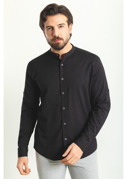 Desenli Siyah Renk Slim Fit Hakim Yaka Uzun Kollu Erkek Gömlek modelleri