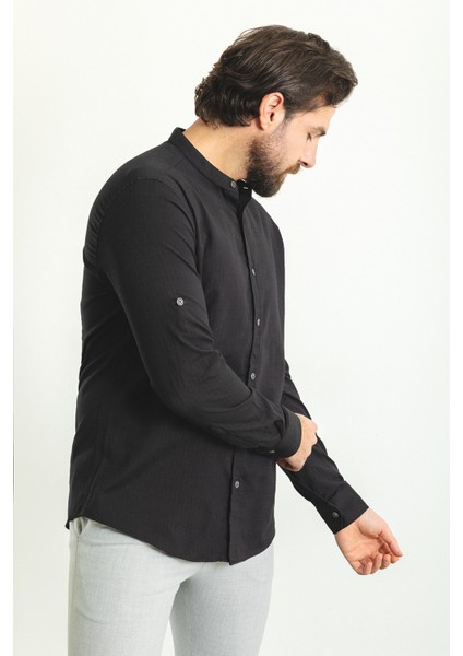 Desenli Siyah Renk Slim Fit Hakim Yaka Uzun Kollu Erkek Gömlek fırsatları