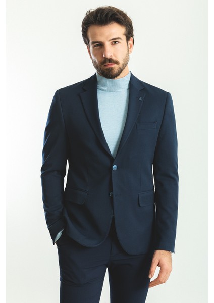 Düz Lacivert Renk Slim Fit Mono Yaka Klasik Erkek Ceket