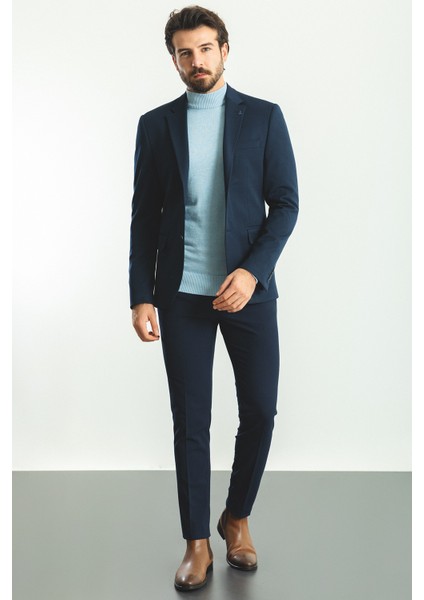 Düz Lacivert Renk Slim Fit Mono Yaka Klasik Erkek Ceket