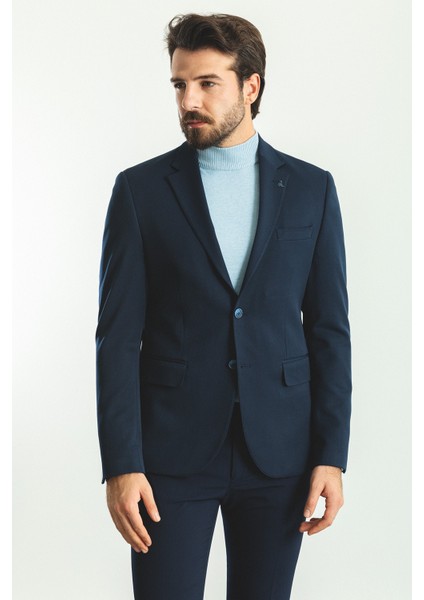 Düz Lacivert Renk Slim Fit Mono Yaka Klasik Erkek Ceket