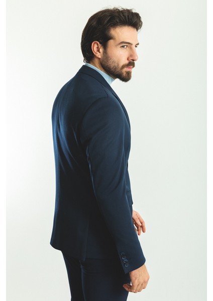 Düz Lacivert Renk Slim Fit Mono Yaka Klasik Erkek Ceket