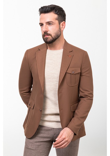 Düz Kamel Rengi Slim Fit Mono Yaka Torba Cep Erkek Ceket
