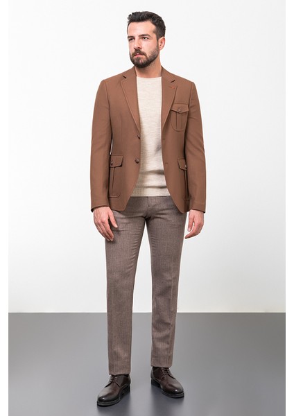 Düz Kamel Rengi Slim Fit Mono Yaka Torba Cep Erkek Ceket modelleri