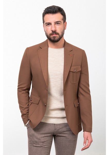 Düz Kamel Rengi Slim Fit Mono Yaka Torba Cep Erkek Ceket fırsatları
