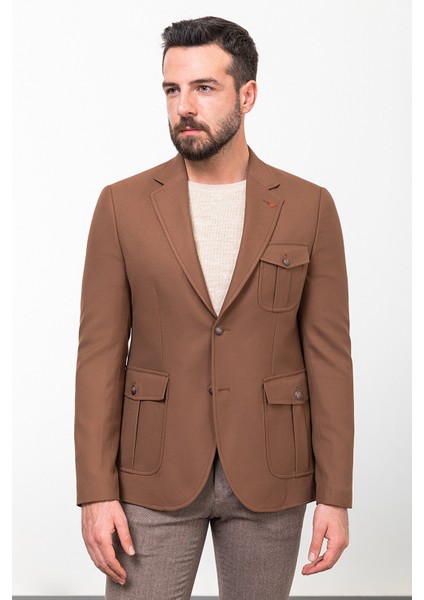 Düz Kamel Rengi Slim Fit Mono Yaka Torba Cep Erkek Ceket indirimleri