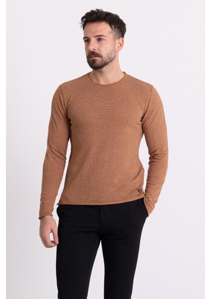 Çizgili Kamel Rengi Slim Fit Uzun Kollu Bisiklet Yaka Erkek Triko