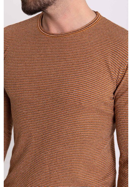 Çizgili Kamel Rengi Slim Fit Uzun Kollu Bisiklet Yaka Erkek Triko