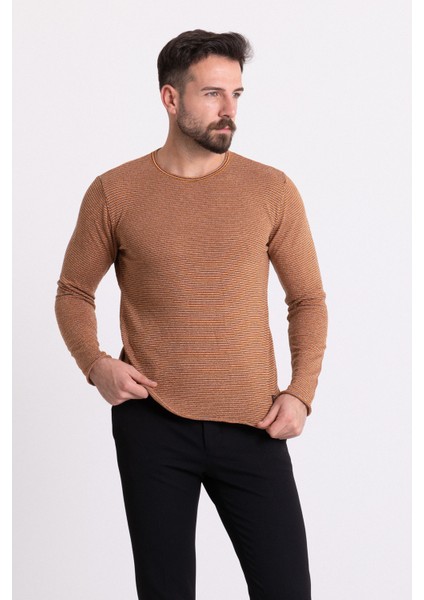Çizgili Kamel Rengi Slim Fit Uzun Kollu Bisiklet Yaka Erkek Triko