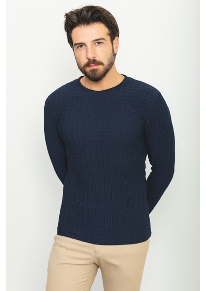 Dokulu Lacivert Renk Slim Fit Bisiklet Yaka Uzun Kollu Erkek T-Shirt fırsatları