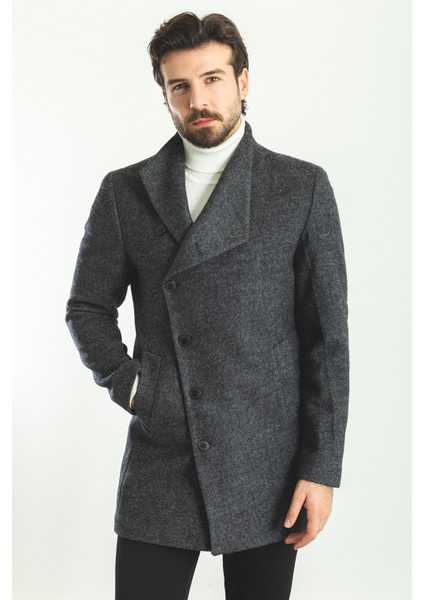 Düz Antrasit Rengi Slim Fit Şal Yaka Yün Erkek Kaban