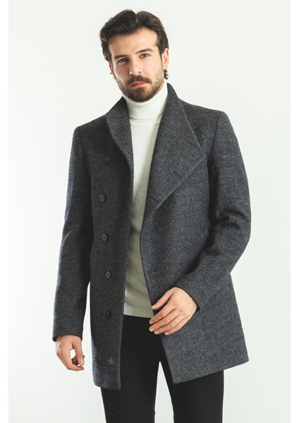 Düz Antrasit Rengi Slim Fit Şal Yaka Yün Erkek Kaban modelleri