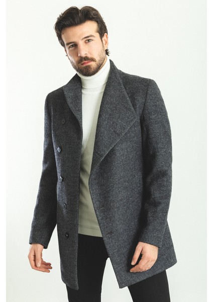 Düz Antrasit Rengi Slim Fit Şal Yaka Yün Erkek Kaban fırsatları