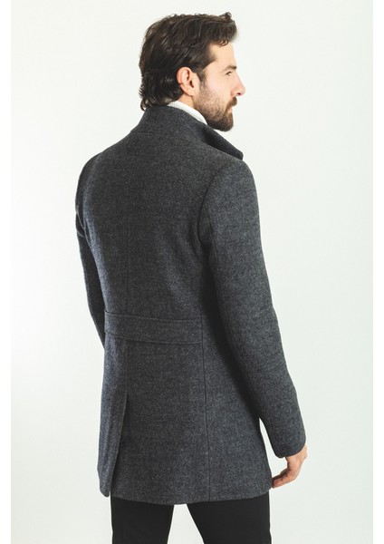 Düz Antrasit Rengi Slim Fit Şal Yaka Yün Erkek Kaban indirimleri