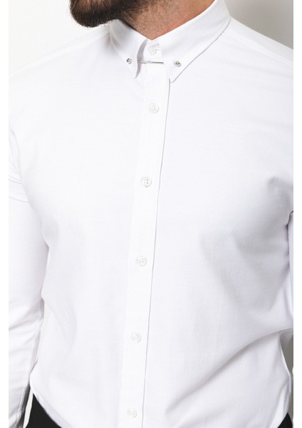 Desenli Beyaz Renk Slim Fit Yaka İğneli Klasik Erkek Gömlek fiyatları