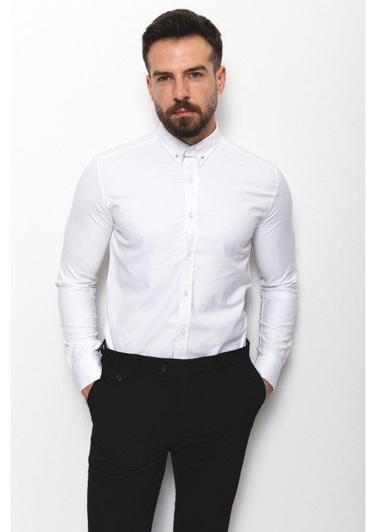 Desenli Beyaz Renk Slim Fit Yaka İğneli Klasik Erkek Gömlek modelleri