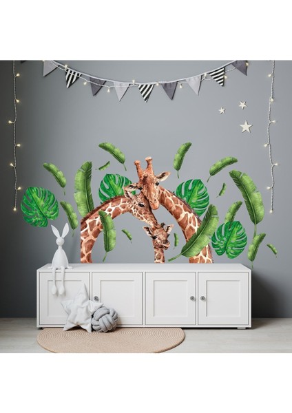 Renkli Tropikal Zürafa Ailesi Çocuk Odası Duvar Sticker Seti fiyatları