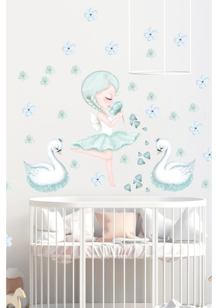 Mint yeşili sim perisi ve kuğular duvar çıkartması, şık ve zarif dekor, çocuk odası için.