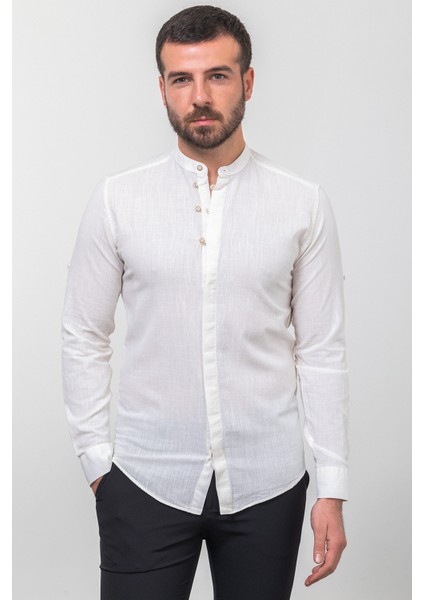 Desenli Ekru Rengi Slim Fit Hakim Yaka Uzun Kollu Keten Erkek Gömlek