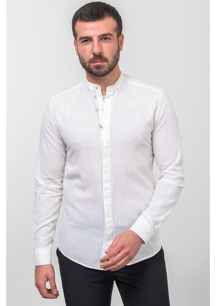 Desenli Ekru Rengi Slim Fit Hakim Yaka Uzun Kollu Keten Erkek Gömlek