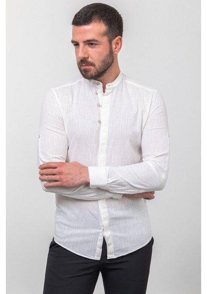 Desenli Ekru Rengi Slim Fit Hakim Yaka Uzun Kollu Keten Erkek Gömlek