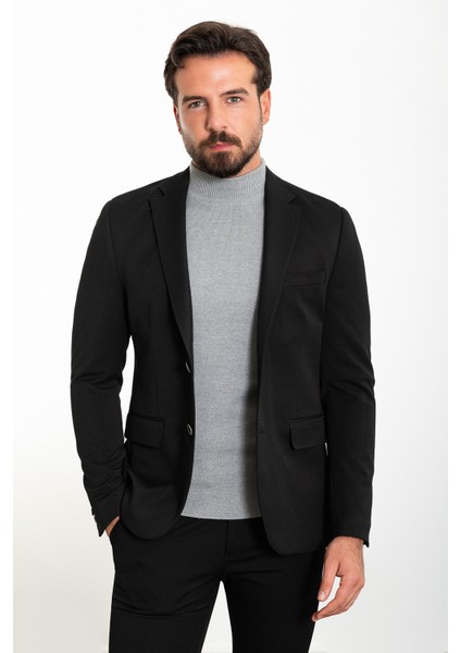 Düz Siyah Renk Slim Fit Mono Yaka Klasik Erkek Ceket