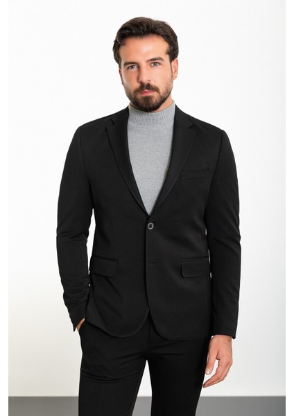 Düz Siyah Renk Slim Fit Mono Yaka Klasik Erkek Ceket
