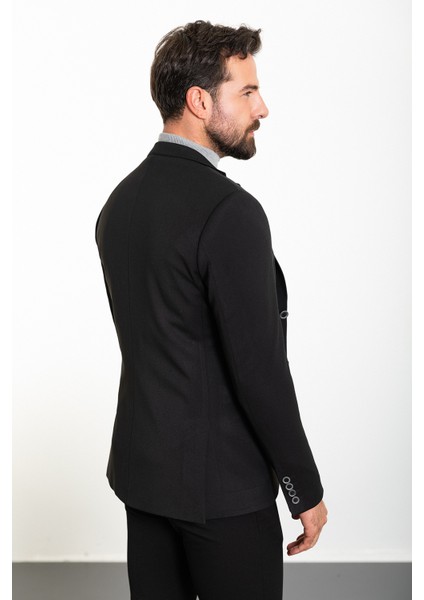 Düz Siyah Renk Slim Fit Mono Yaka Klasik Erkek Ceket