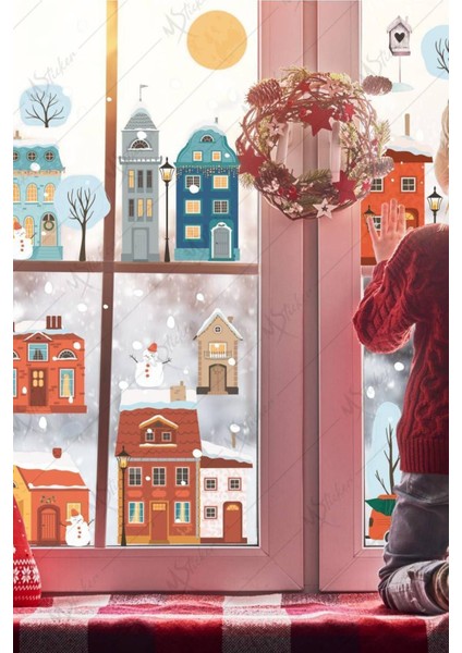 Kış ve yılbaşı temalı renkli cam duvar kapı sticker seti, eğlence ve şıklık dolu dekorasyon