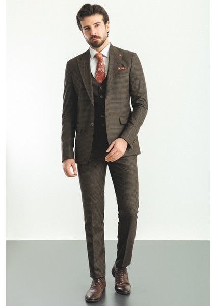 Ekoseli Kahverengi Slim Fit Mono Yaka Erkek Takım Elbise