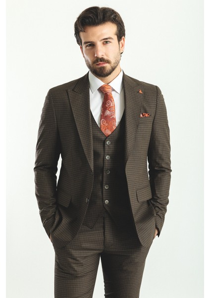 Ekoseli Kahverengi Slim Fit Mono Yaka Erkek Takım Elbise fırsatları