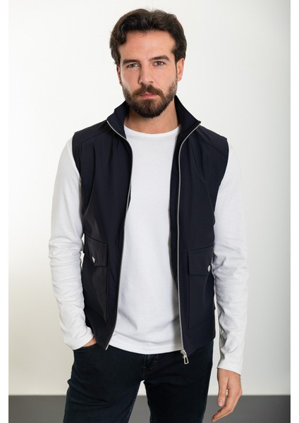 Düz Lacivert Slim Fit Torba Cep Hakim Yaka Erkek Yelek modelleri