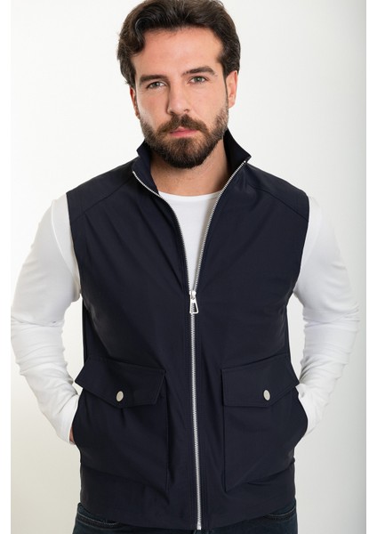 Düz Lacivert Slim Fit Torba Cep Hakim Yaka Erkek Yelek fırsatları