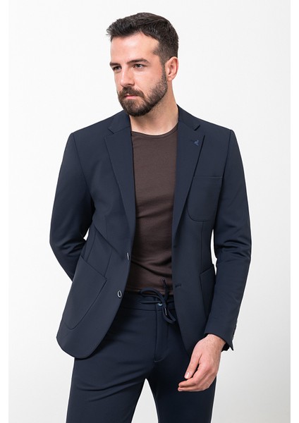 Düz Lacivert Slim Fit Torba Cep Mono Yaka İpli Erkek Takım Elbise