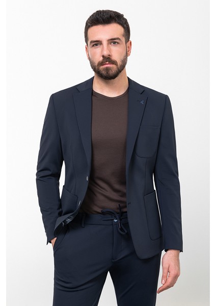 Düz Lacivert Slim Fit Torba Cep Mono Yaka İpli Erkek Takım Elbise indirimleri