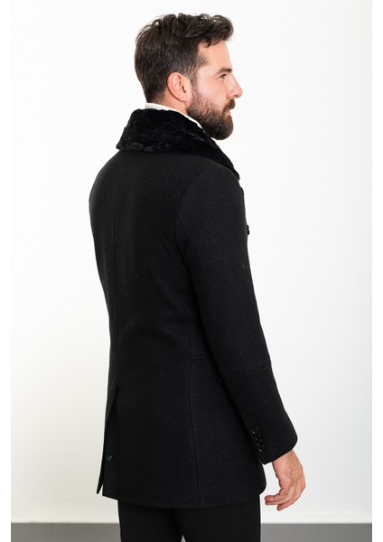 Desenli Siyah Slim Fit Kürklü Geniş Yaka Kruvaze Yün Erkek Kaban indirimleri